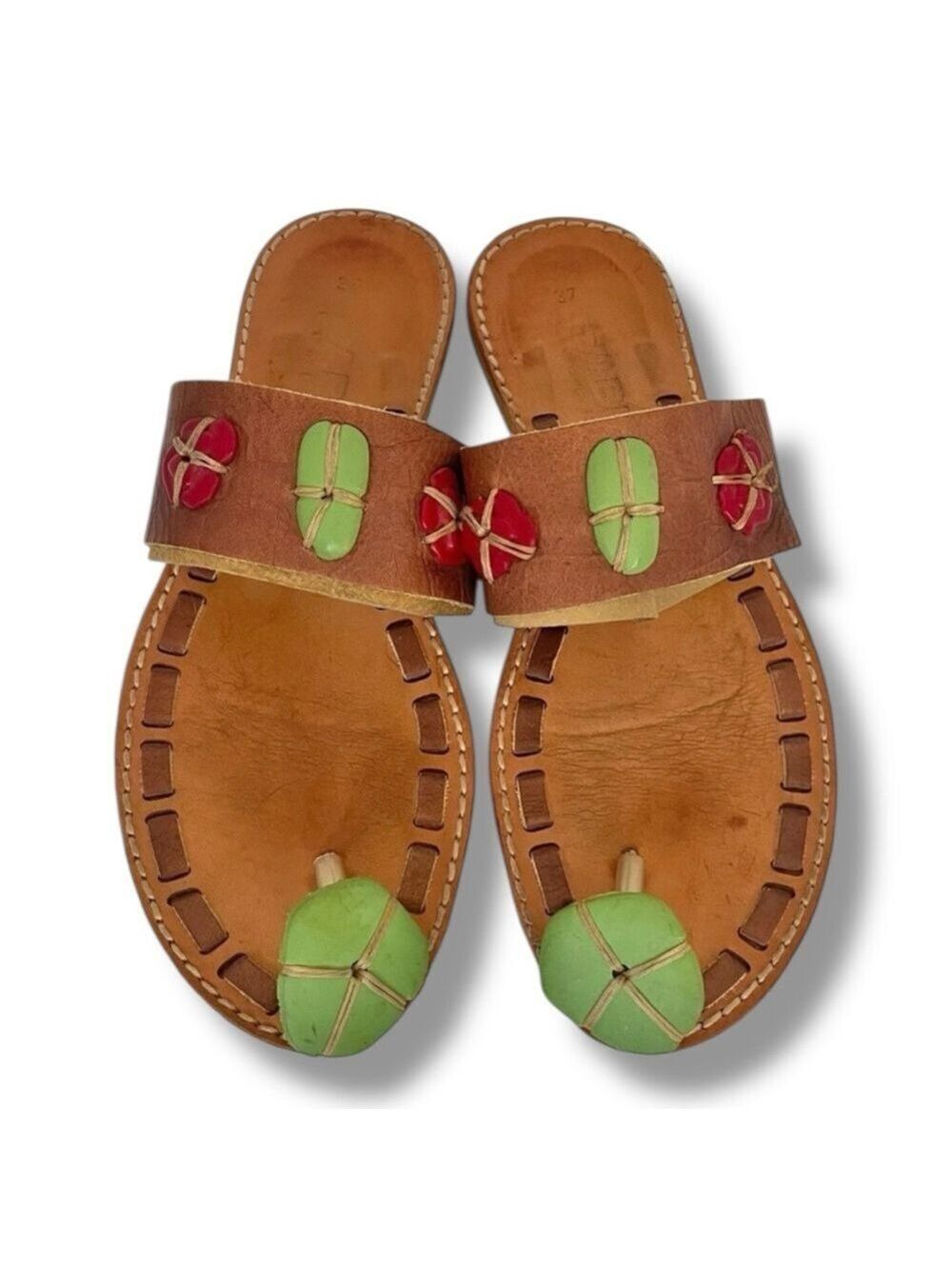 90s Sabry Handmade Italian Leather Beaded Boho Slide Sandals EU 37 US 7